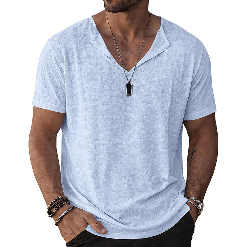 Mens Solid Color Henley Neck Short Sleeve T Shirt