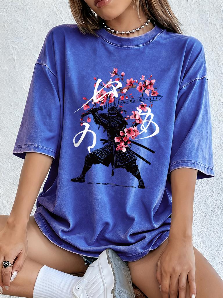 Japanese Martial Arts Cotton Washed TShirts Womens Summer Oversized Tops ONeck Comfortable Short Sleeve T Shirt Basic Clothes