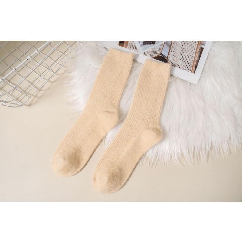 Female Winter Velvet and Thick Warm Soft Vertical Pattern Solid Color Sleep Home Tube Socks