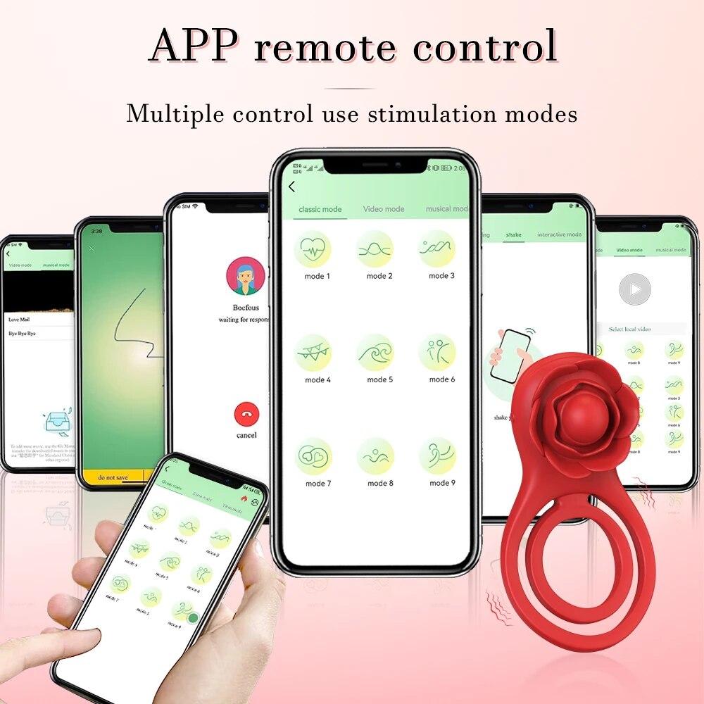 Rose-Toy Bluetooth APP Vibrátor na penisový kroužek pro muže Zámek spermatu Mužské erekční kroužky Zpoždění ejakulace Sexuální hračky pro páry