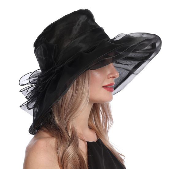 Women Sun Hat Organza Bowknot Decor Wide Brim UV Protection Hat Lightweight Breathable Foldable Tulle Hat Headwear