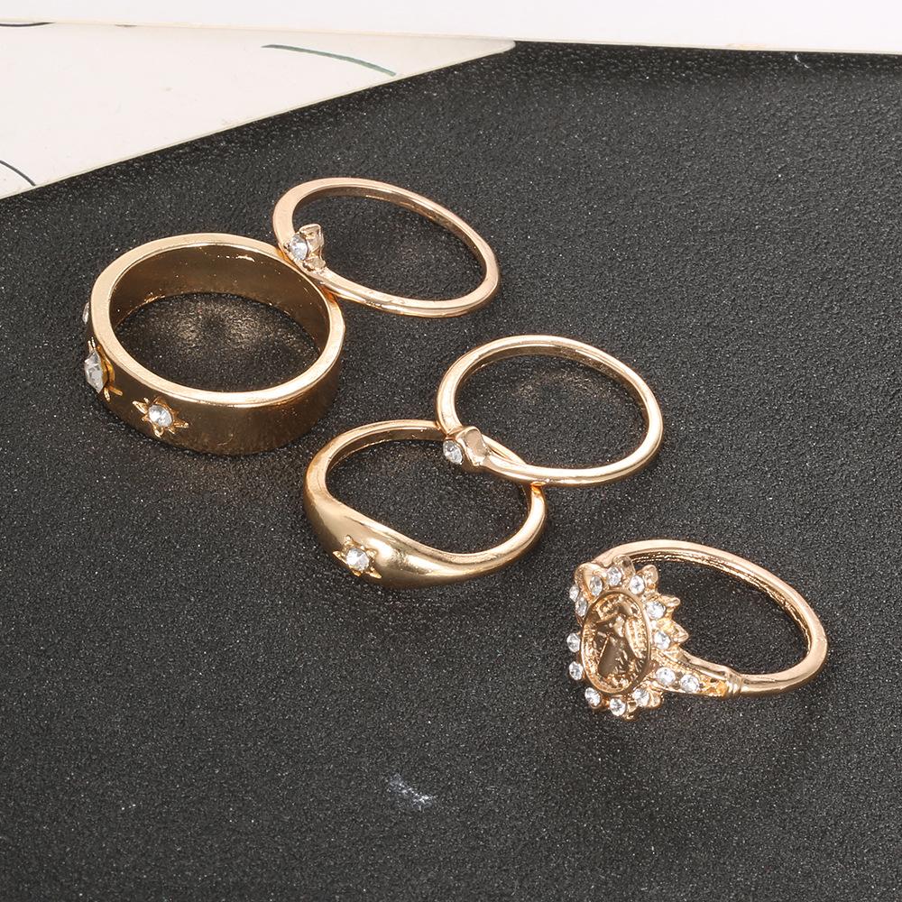 Retro Pattern Ring With Diamonds, Love Lord Totem Ring 5-Piece Set, Ring 5-Piece Set