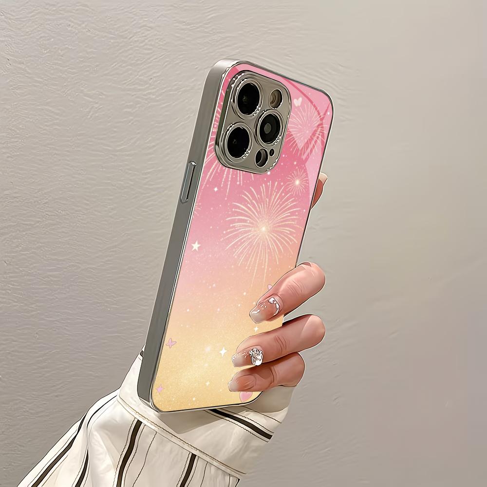 Pink glitter silver plated glass phone case suitable for iPhone 17 16 15 14 13 12 11 Pro/Max/Plus scratch resistant