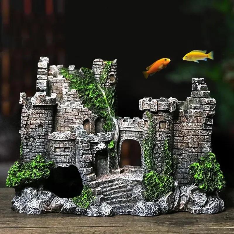 Resin Artificial Fish Tank Ancient Castle Decoration Aquarium Rock Cave Building Decoration Aquatic Landscaping Ornament