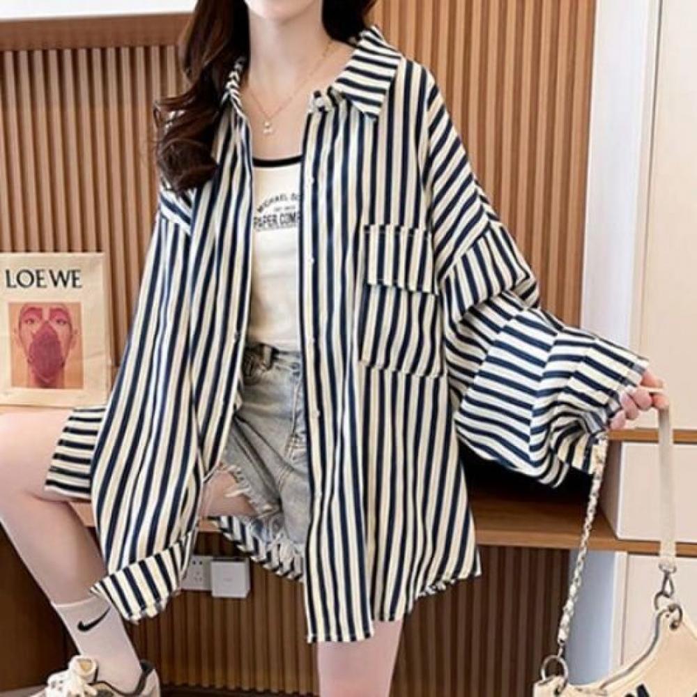 Navava Women Casual Thin Stripe Long Sleeve Shirt Nb2848