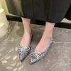 Women's Sexy Pointed Shoes 2025 Summer New Black Sequin Fashion Temperament Dress Bow Flat Shoes Comfortable Women's Shoes