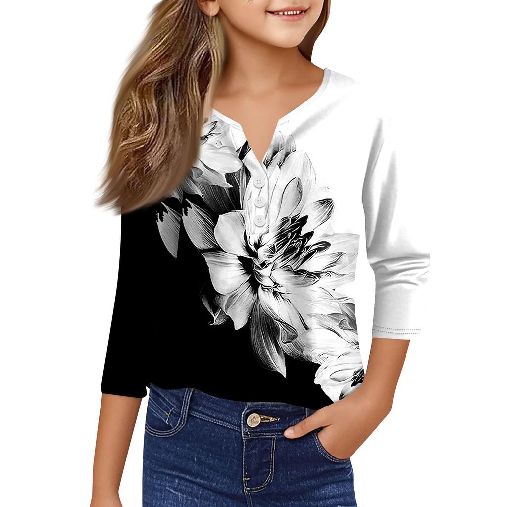 Mädchen Lässige Mode Oberteile Bedrucktes Sieben-Ärmel T-Shirt mit Knöpfen