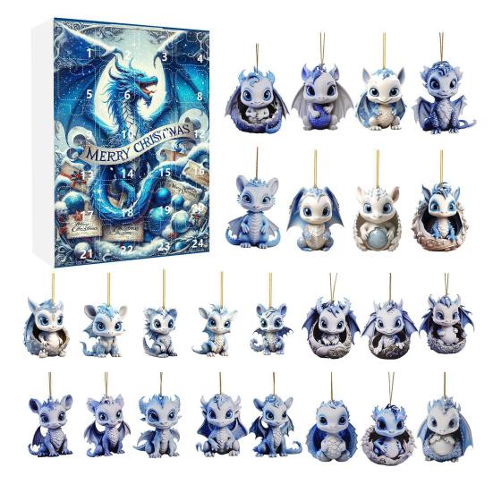 Christmas Countdown Calendar 24 Acrylic Dragon Pendant Set Xmas Gift Box Indoor/Outdoor Hanging Decoration