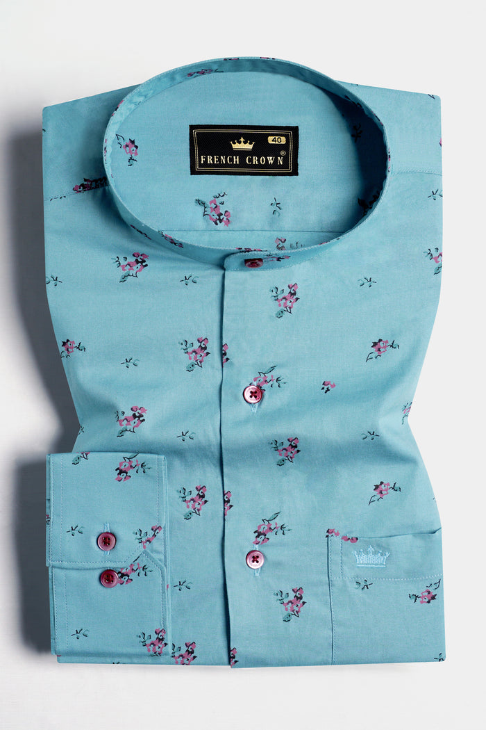 Рубашка из премиального хлопка с мелким принтом «Ледниковый синий и фуксия» 44