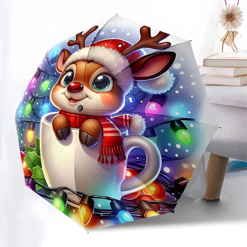 

1pc Christmas Reindeer Mug with Festive Lights, Auto Open Close Umbrella, Portable 3-Fold Design, 8-Bone Iron Frame Outdoor Umbrella, Perfect Holiday