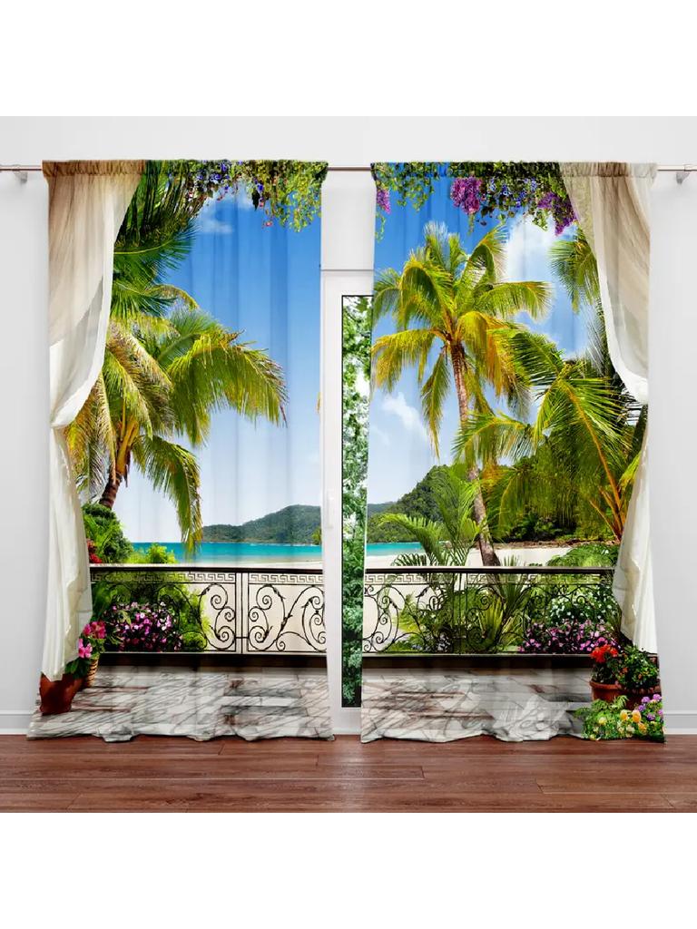2pcs Tropical Beach Balcony Printed Curtains, Designed for Light Filtering, Quality Material, Ideal for Summer Holiday Home Win