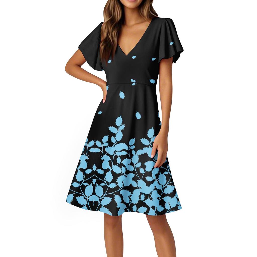 Damenkleid mit ausgestellten Ärmeln, kurzen Ärmeln, lässig, Blumenmuster, V-Ausschnitt