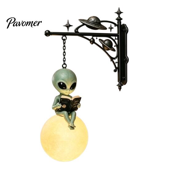 Alien Moon Statue Reading on Hanging Lamp, Resin Bookshelf Light, Astronomy Theme Decor Warm LED Night Light for Patio Garden Window Indoor Outdoor