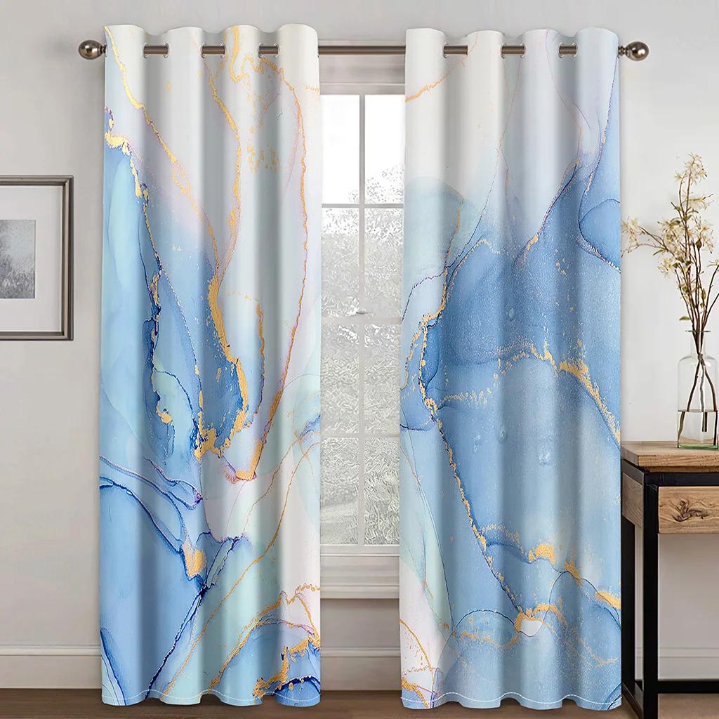 3D Moderne Klassisk Marmor Grønt Gull Elegant Grå 2 Panel Tynn skyggelegging Polyester Vindusgardin for soverom Stueinnredning