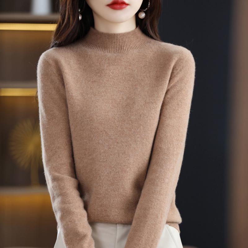 Women's Cashmere Knit Sweater - 2023 Autumn/Winter, Half-High Neck, Slimming Fit, Solid Color Pullover