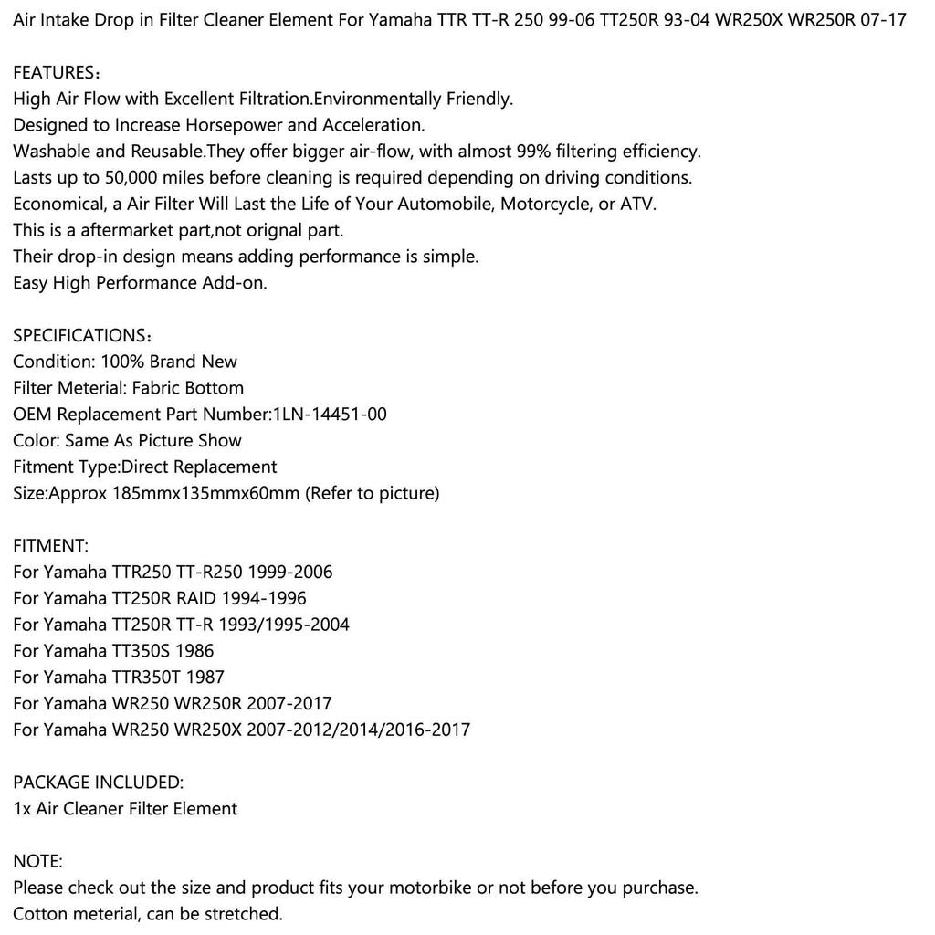 Bruce & Shark Air Filter Air Filter for Yamaha TT250R TTR250 1993-2006 WR250 Air