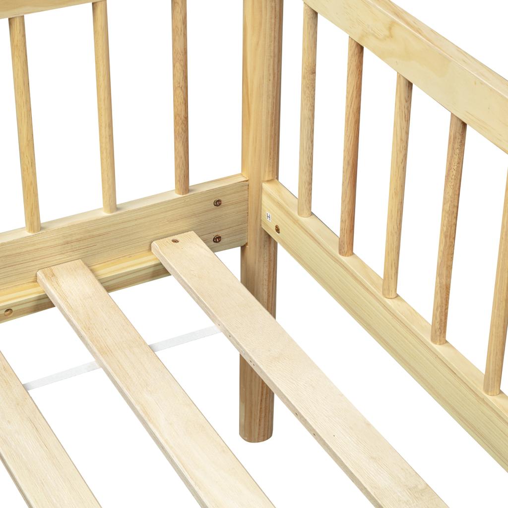 Pine Wood Daybed 90*200 Cm, Sofa Bed with 3-Sided Guardrails & 14 Support Slats, Natural