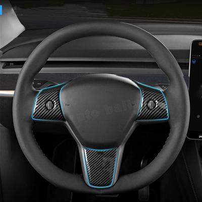 Für Tesla Modell 3 Modell Y 2023 3Pcs Auto Innen Zubehör Lenkrad Dekor Aufkleber Carbon Faser