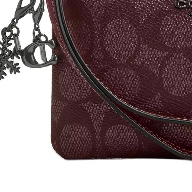 Coach Burgundy Signature Canvas Zip Wristlet with Snowflake Charm & Wrist Strap for Daily & Holiday Use