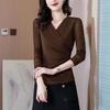 Solid Color Mesh V-neck Long Sleeve T-shirt for Women - Trendy Autumn Mom Base Layer Top