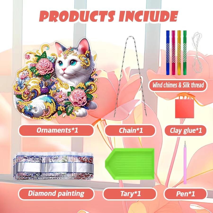 DIY Acrylic Cat Flower Diamond Painting Irregular Pendant Special Shape Drill Diamond Painting Hanging Home Ornament Wind Chime