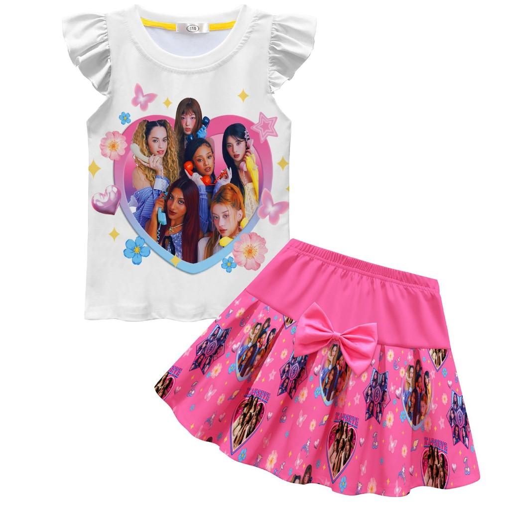 

Kids Girls KATSEYE Print T-Shirt Pleat Skirt Clothes Sets 130cm рожевий червоний колір