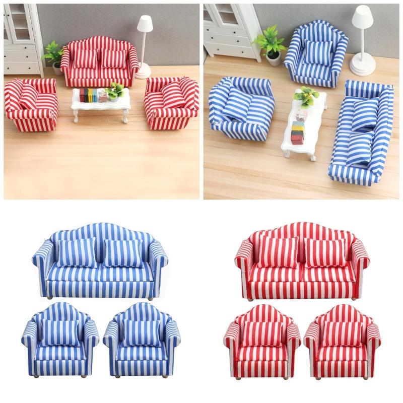 Fashion 1/12 Dollhouses Furniture Double Couch Armchair Figurine Set For Miniature Living Room and Bedroom Decoration