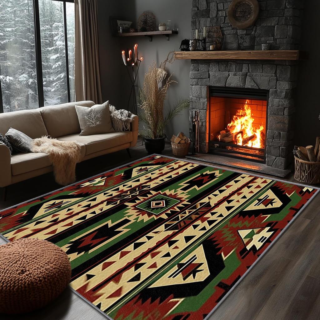 Southwestern Aztec Star Print Area Rug, Turquoise & Orange Tribal Design Non-Slip Floor Mat for Living Room Bedroom Home Decor