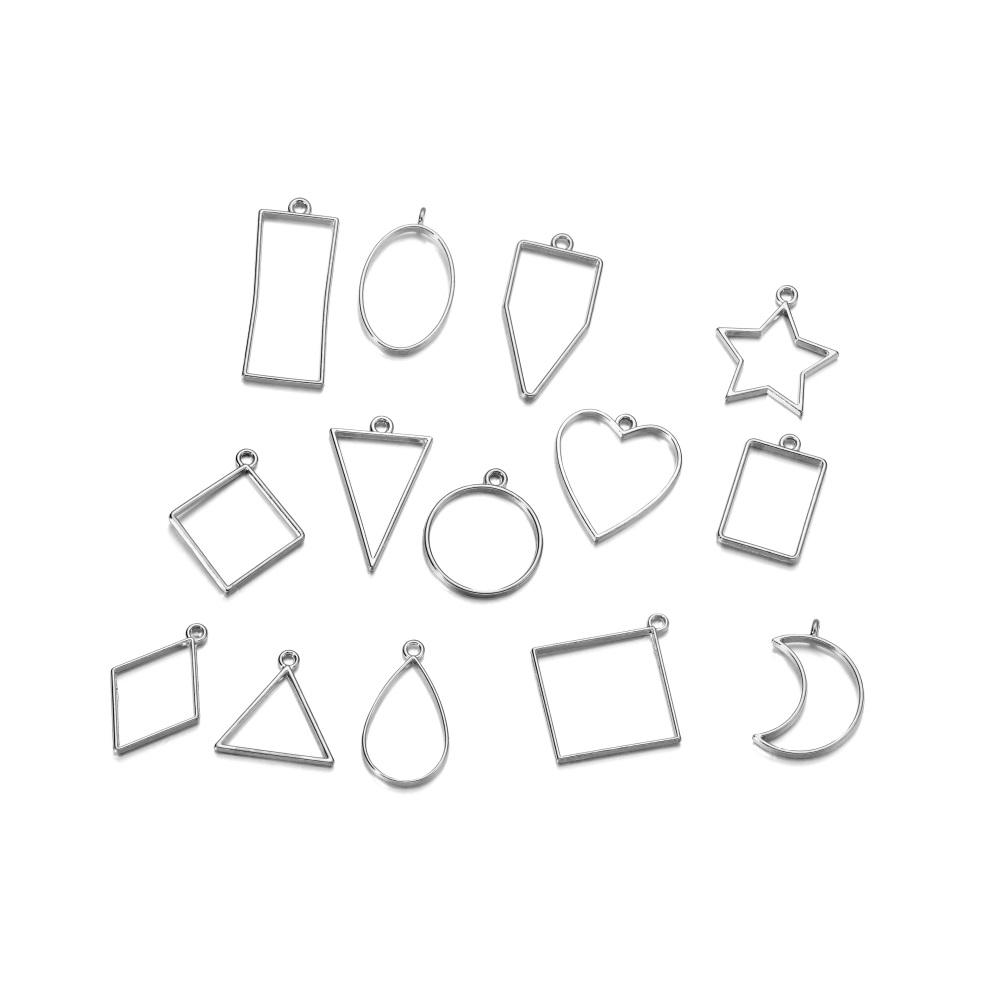 14Pcs/Lot Mixed Style Geometric Hollow Metal Frame Pendant for DIY Epoxy Resin Necklace Pendant Jewelry Making Accessories