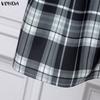 VONDA Elegant Women Casual Long Sleeve Lace Bow Knot Plaid Print Ruffled Dress