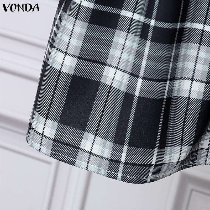 VONDA Elegant Women Casual Long Sleeve Lace Bow Knot Plaid Print Ruffled Dress