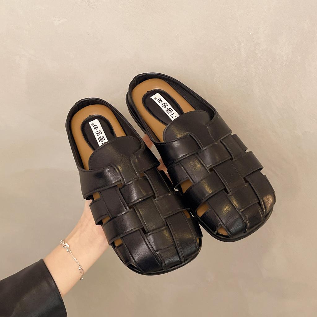 French bag head half slippers women's summer wear 2025 new with skirt flat-bottomed silver single shoes one foot cool slippers