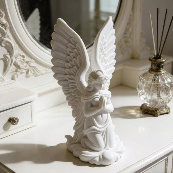 3D Printed Kneeling Angel Statue, Praying Cupid Figurine with Delicate Wings, Compact Matte White Desktop Ornament for Home Decor, Shelf, Nightstand