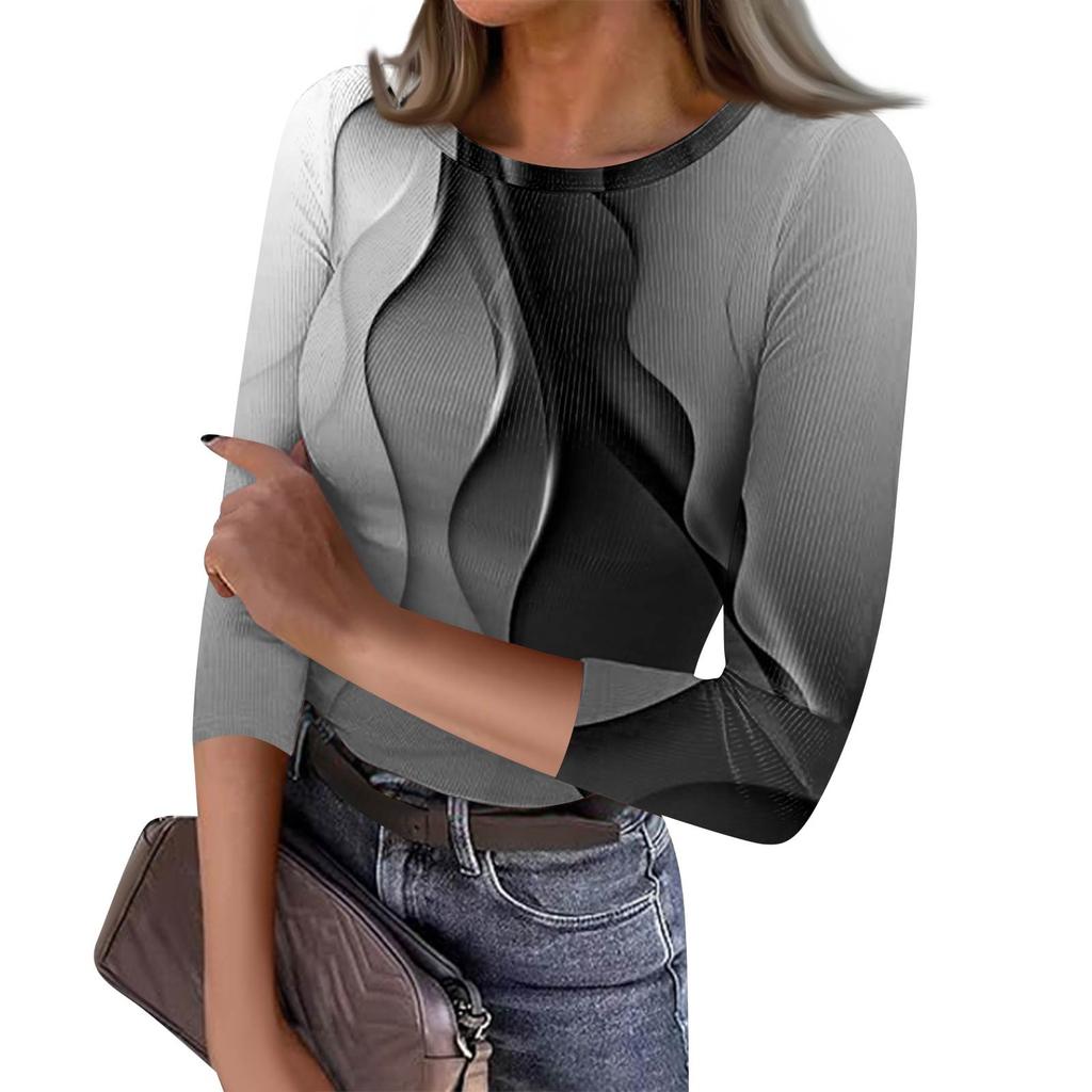 Women's Slim Bottom T-shirt Fashion Casual Printed Round Neck Pullover Seven Sleeve Top