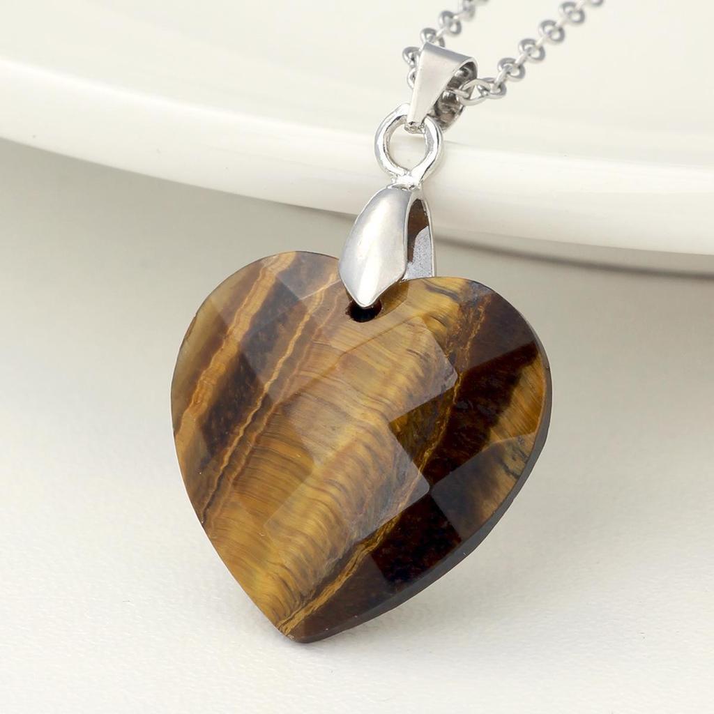 Valentine's Day Crystal Heart Pendant Necklace for Women, Natural Stone & Titanium Steel