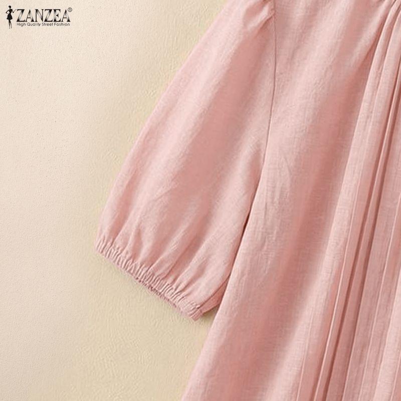 ZANZEA Women Stand Collar Solid Color Loose Casual Half Sleeve Blouse