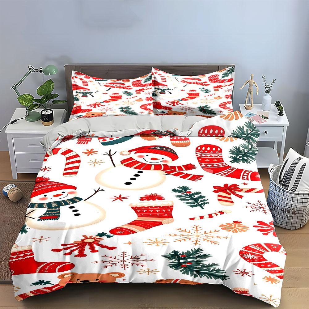 Christmas Snowman and Bear Pattern Bedding Duvet Cover Set Duvet Cover Pillowcases (1*Duvet Cover 2*Pillowcases, without duvet insert)