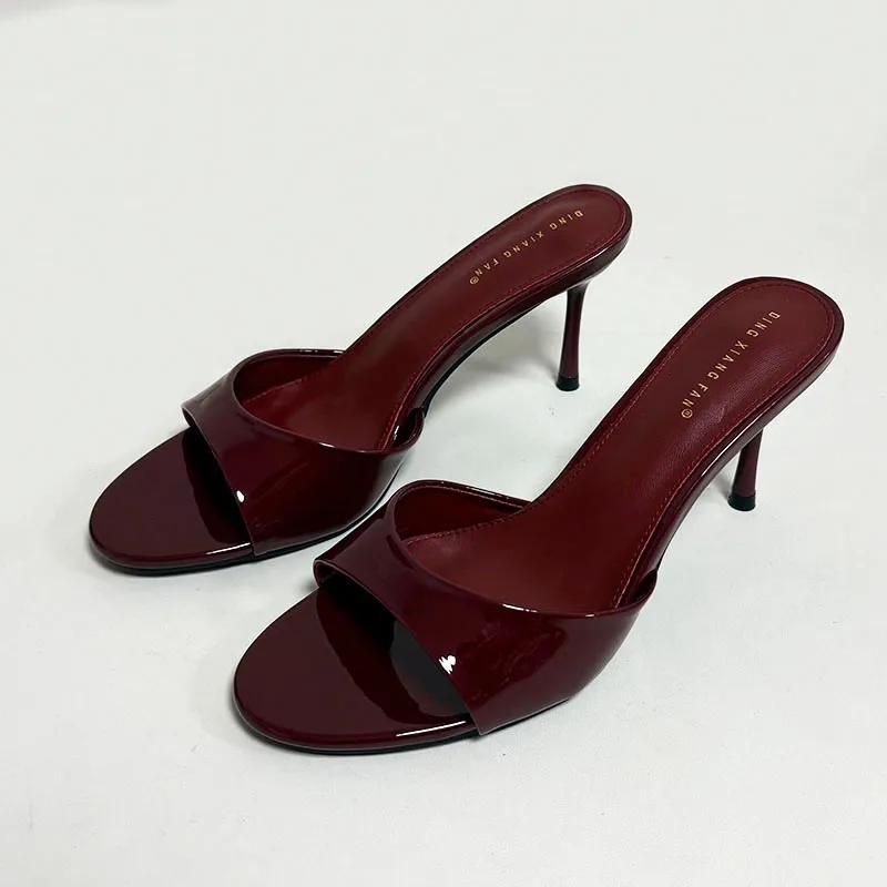 Fashion Elegant Thin High Heel Women Slippers Sexy Peep Toe Slides Sandals Patent Leather Wedge Heeled Sandals Summer Party Dress Shoe
