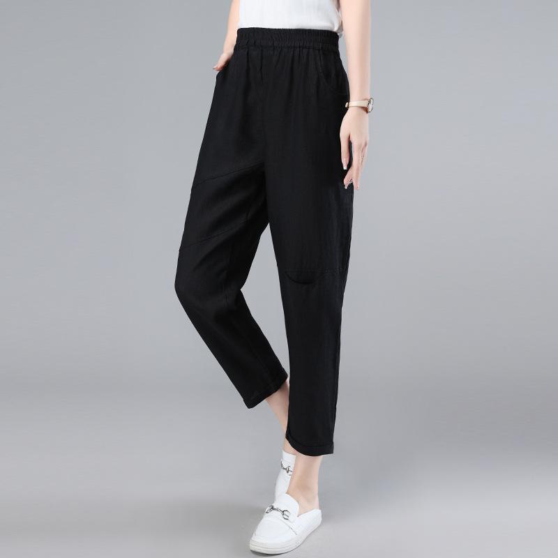 

Женские летние льняные капри-гаремы на резинке 2025 - Свободные, больших размеров, повседневные, тонкие брюки для верхней одежды M чёрный