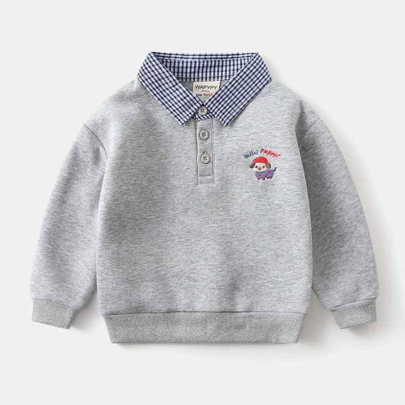 Spring and Autumn Children's Clothing Boys' Long-Sleeved Sweatshirt Children's Fake Two-Piece Pullover Baby Embroidered Puppy Lapel Top