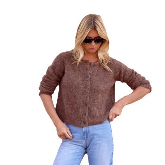 2025 New Casual Solid Color Woven Crew Neck Cardigan Short Jacket Top Sweater