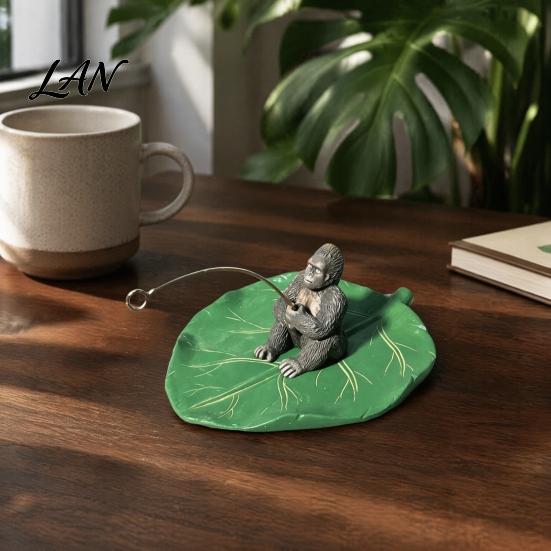 Detailed Animal Figurine for Water Features Fishing Gorilla on Lotus Leaf Ornament, Funny Floating Figurine, Realistic Artistic Landscaping