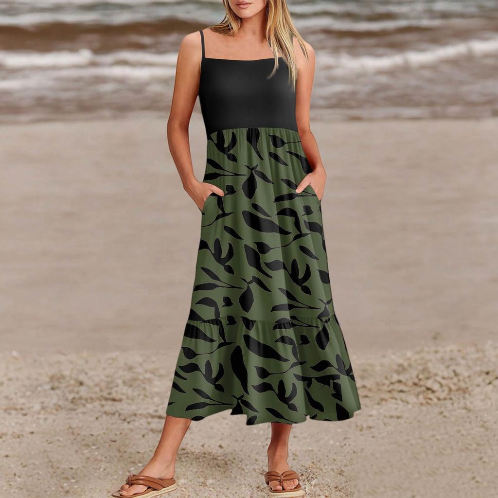 Women's Summer Spaghetti Strap Patchwork Beach Vacation Floral With Pocket Dresses