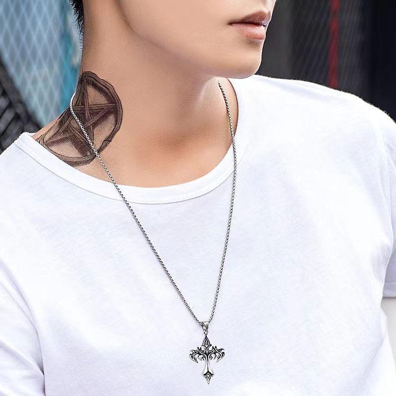 Flame Cross Pendant Sweater Chain, Men's Statement Necklace for T-shirts