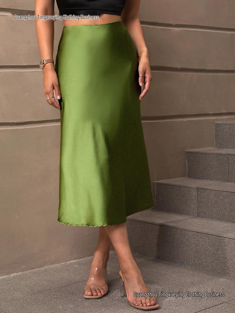 European & American Satin A-line Midi Skirt – Elegant Style, Polyester Fabric