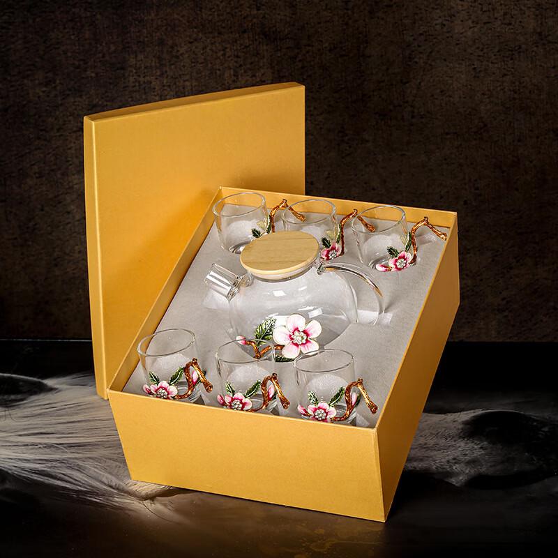 

Shangqi Enamel Peach Blossom Glass Tea Set with 6 Cups and Bamboo Lid Pot