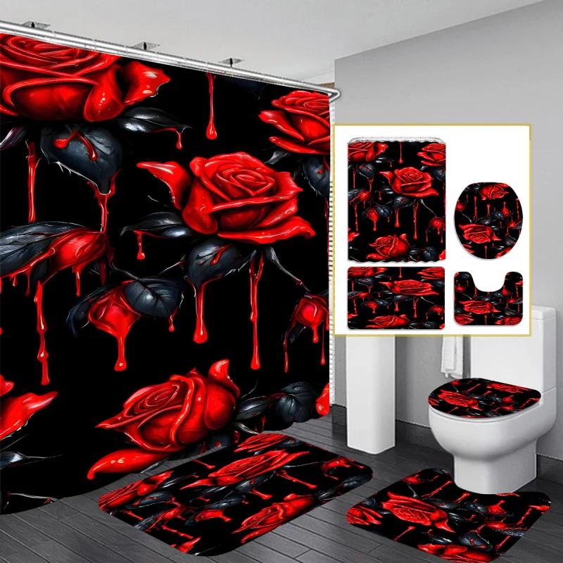 Crimson Rose Shower Curtain Set With Non-Slip Bath Mat, U-Shaped Toilet Rug, Toilet Lid Cover, Durable Water-Resistant Polyester