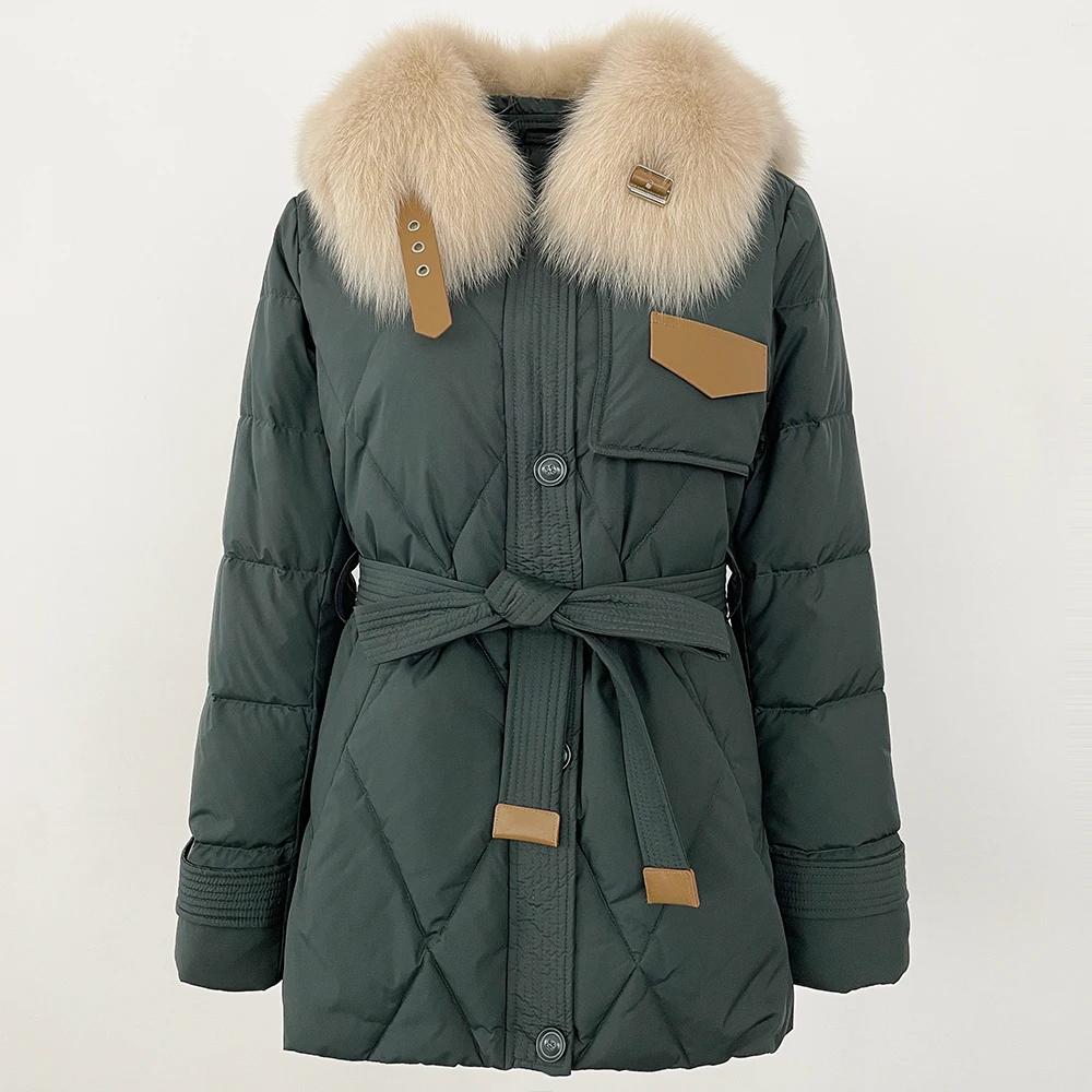 

OFTBUY 2024 зимняя куртка женская с воротником из натурального лисьего меха натуральный толстый теплый утиный пух пальто пояс верхняя одежда уличная повседневная одежда L