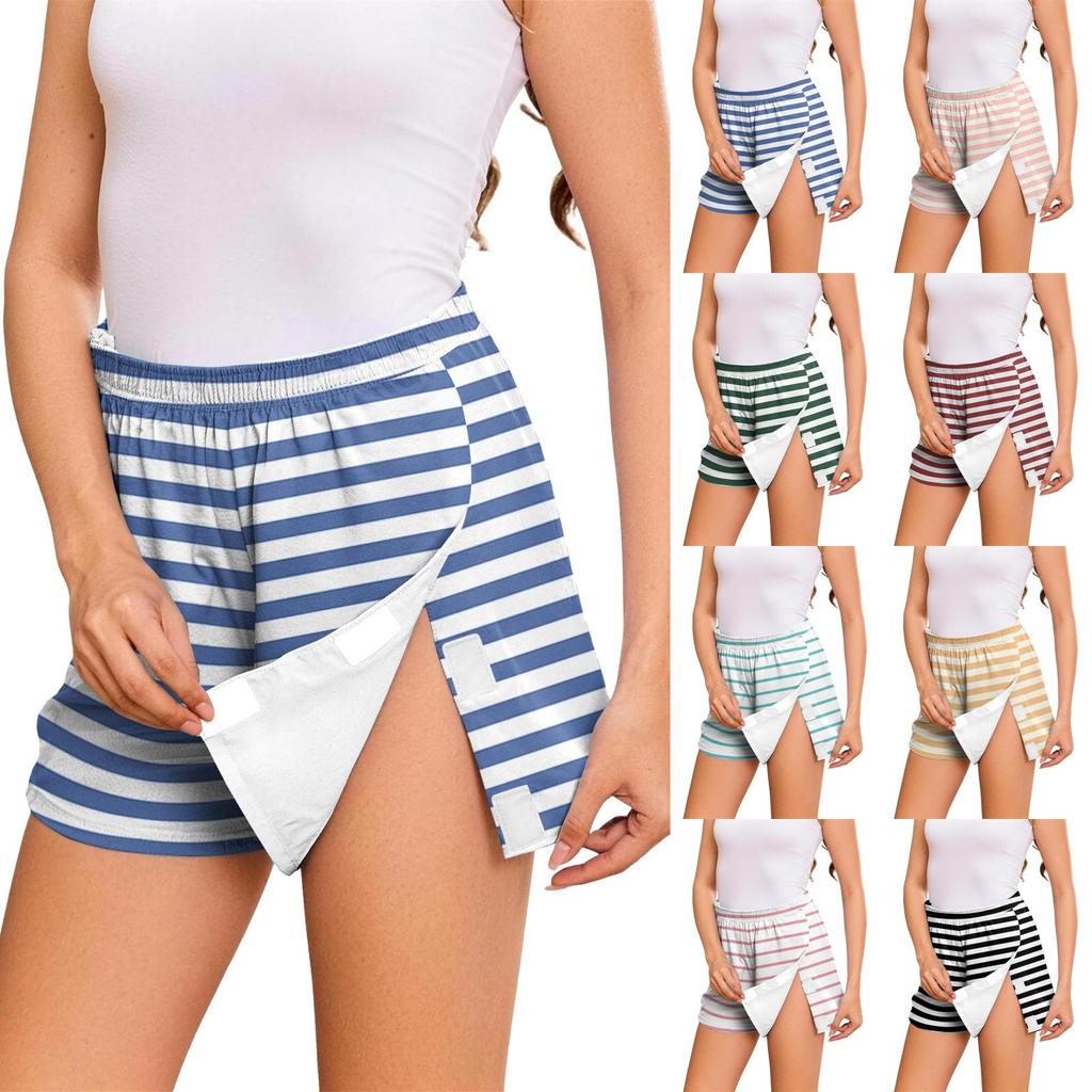 Women Post Surgery Recovery Shorts Adjustable Side Velcro Closure Elastic Waistband Lightweight Breathable Fabric Striped Pattern Comfortable Fit