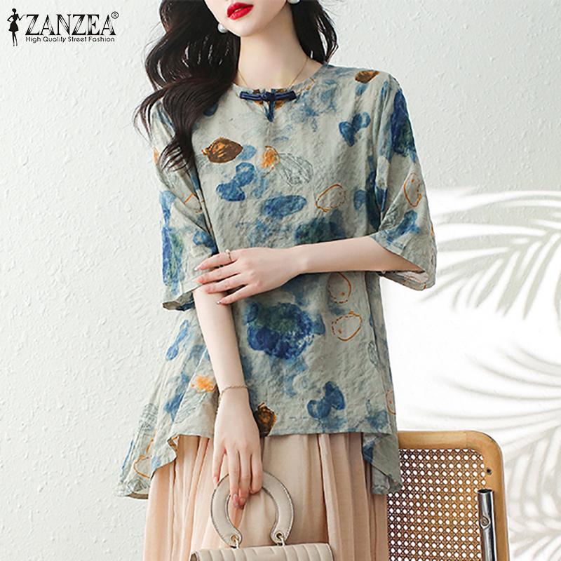 

ZANZEA Женская повседневная летняя блузка с коротким рукавом и круглым вырезом с принтом